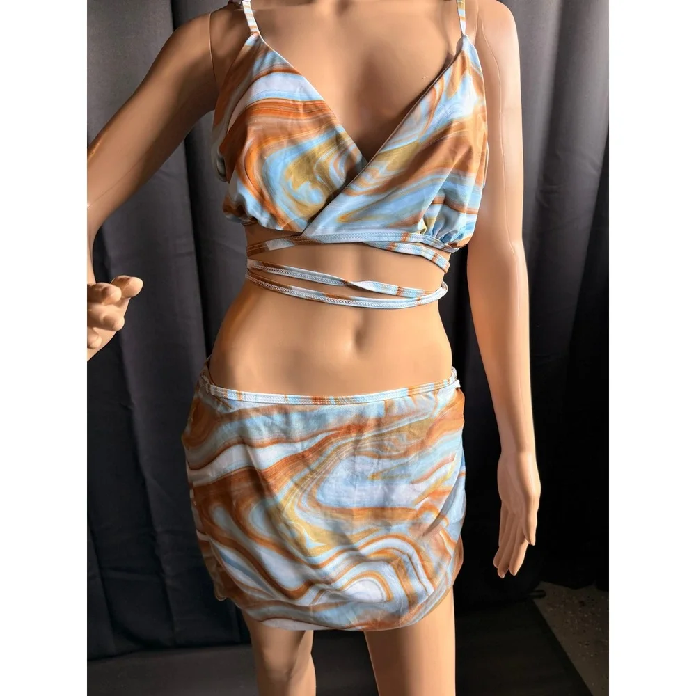 Marble Swirl 3 Piece Bikini Set Mesh Skirt Cover Up Blue Orange 2XL Coastal Y2K